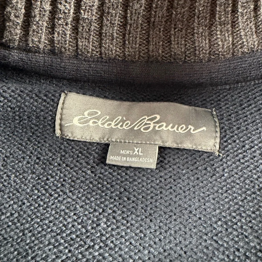Eddie Bauer Mens XL Navy Blue Grey Stripe 1/4 Zip Cotton Knit Sweater 14303121